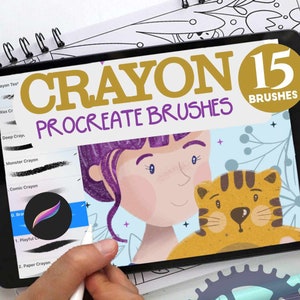 May include: A digital tablet displaying a set of 15 Procreate brushes for creating crayon-like effects. The brushes are labeled with names like "Crayon Tex", "Wax Cr", "Deep Cray", "Monster Crayon", and "Comic Crayon". The tablet is showing a digital illustration of a girl with purple hair and a tiger.