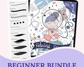 Procreate Coloring Book Beginner Bundle M004 SPACE Coloring Book + 30 Procreate Brushes for Drawing Set ADHD Cute Chibi Style M005