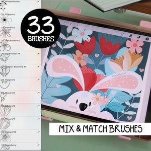 33 Floral Procreate Stamps Brushes Digital Art Brushes for Beginner Artists Cute Style Flowers and Leaves Creator M009-1