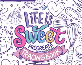 Life is Sweet Procreate Tracing Book workbook 20 Positive Affirmation Pages Trace and Practice + 5 Brushes digital lettering practice M026-1