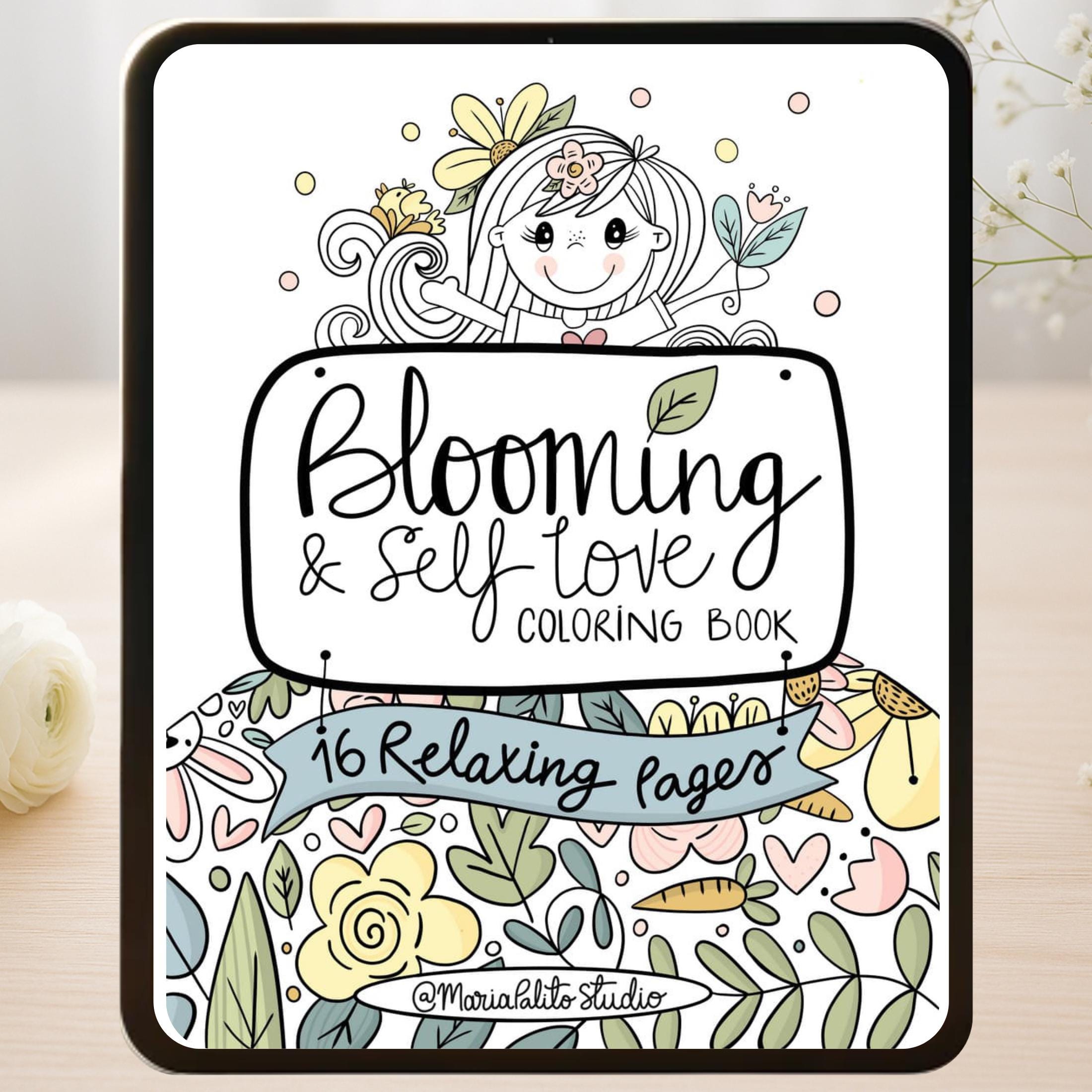 Self-Love Procreate Coloring Book – 16 Blooming Chibi Nature Pages for Calming ADHD & Anxiety Relief (iPad Digital Set)