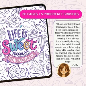 May include: Digital Procreate tracing book with 20 pages and 5 brushes. The design features the words "Life is Sweet" with illustrations of donuts, cupcakes, and other sweets. Includes a customer review.