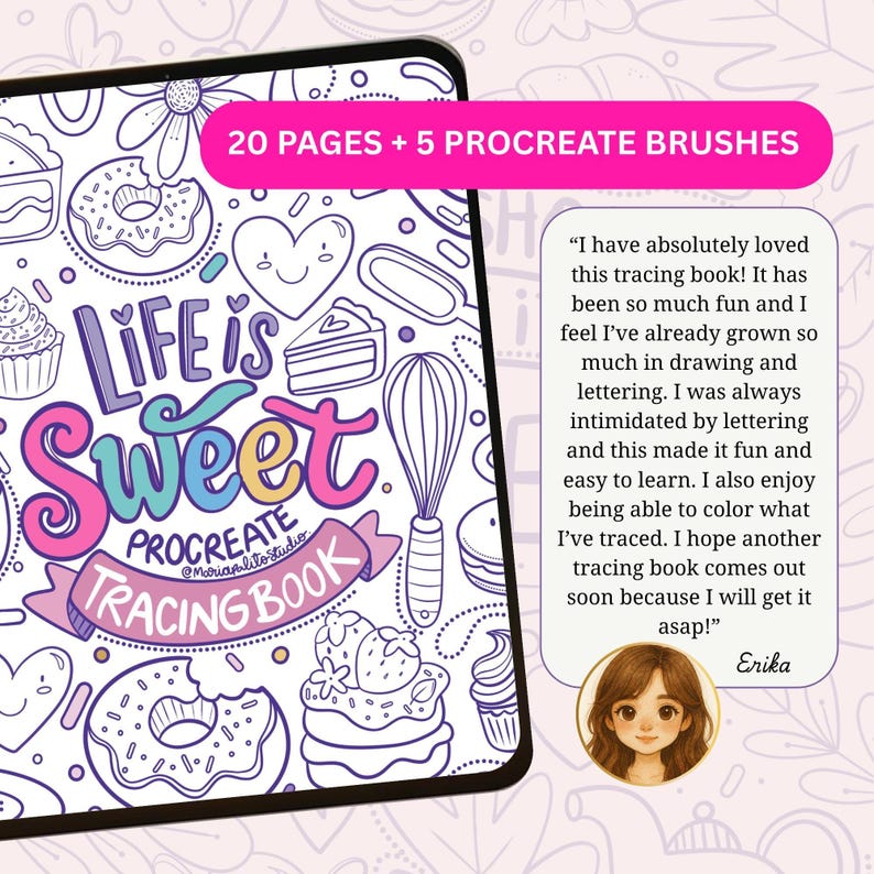 May include: Digital Procreate tracing book with 20 pages and 5 brushes. The design features the words "Life is Sweet" with illustrations of donuts, cupcakes, and other sweets. Includes a customer review.