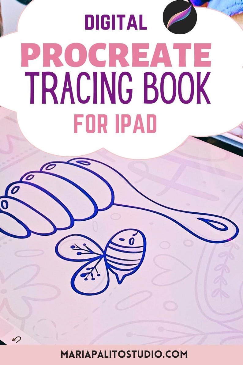 May include: Digital Procreate tracing book for iPad with a bee and honey dipper design. The text "DIGITAL PROCREATE TRACING BOOK FOR IPAD" is in pink and purple. The website mariapalitostudio.com is at the bottom.