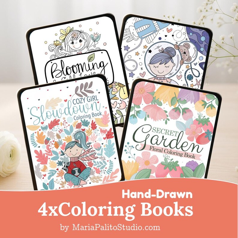 4 Procreate Coloring Book Bundle, 4 Handdrawn Digital Coloring Books