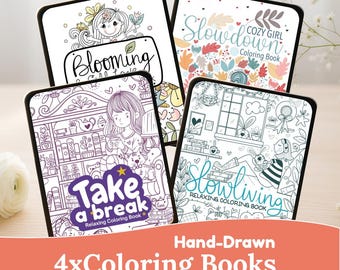 4 Hand-Drawn Coloring Books BUNDLE for Procreate Coloring Pages for Relaxation and Mental Health M010-1