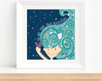 Whimsical Adventure Girl Wall Art Printable Print , You are your own Adventure Illustration Poster , Bedroom or Nursery Decor Print , M031