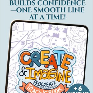 May include: A digital illustration of a Procreate tracing book with the text "Create & Imagine" in colorful letters. The book includes 6 Procreate brushes. The image is on a white background with a purple and white pattern.