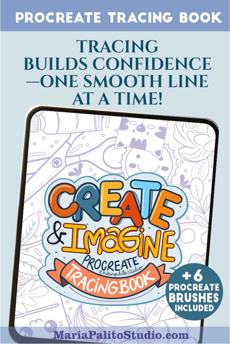 May include: A digital illustration of a Procreate tracing book with the text "Create & Imagine" in colorful letters. The book includes 6 Procreate brushes. The image is on a white background with a purple and white pattern.