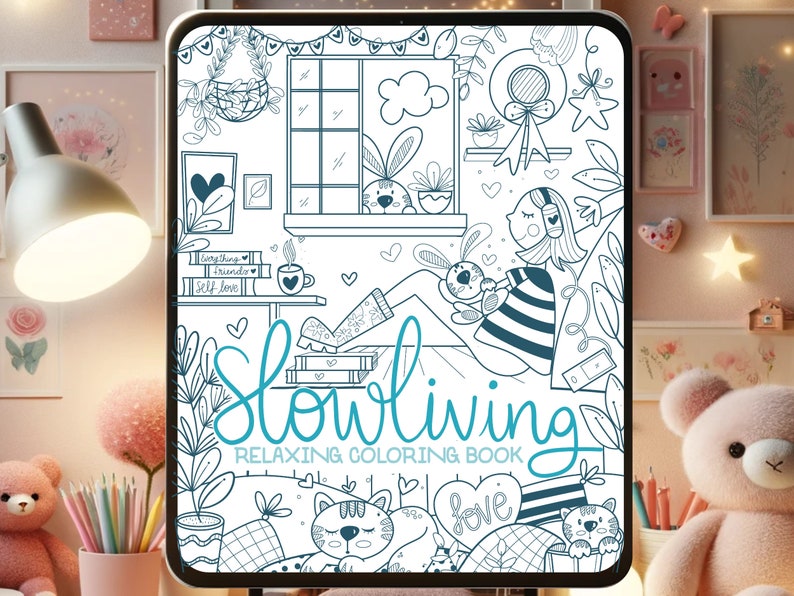 PROCREATE Coloring Book SLOWLIVING, Chibi Digital Coloring Book Pages Relaxing Soothing iPad Coloring Workbook Relaxing Coloring M040 image 1