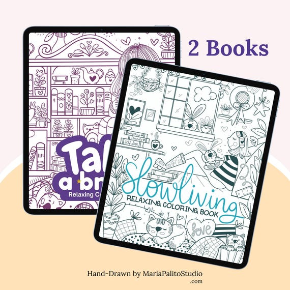 2 Hand-Drawn Procreate Coloring books with 2 Color Palettes Relaxing Ipad Coloring Book Set to Reduce Anxiety Activity ADHD M006