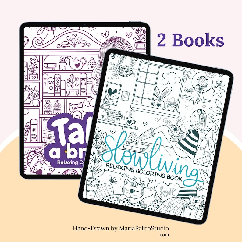 2 Hand-Drawn Procreate Coloring books with 2 Color Palettes Relaxing iPad Coloring Book Set to Reduce Anxiety Activity ADHD M006 image 1