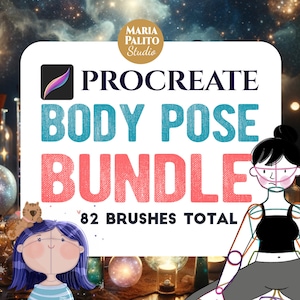 May include: A digital art product bundle for Procreate featuring 82 brushes for drawing body poses. The image shows two illustrations of people with lines drawn on their bodies to show the structure of the body. The text "Procreate Body Pose Bundle" is in large, bold letters. The text "82 Brushes Total" is in smaller letters below the title.