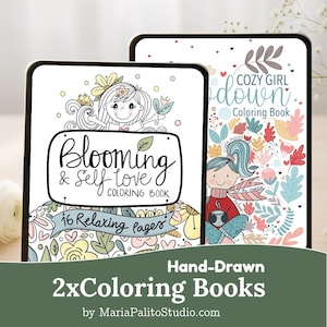 2 ontspannende, met de hand getekende procreate kleurboekenbundel voor stressverlichting en kalmering | iPad Kleurplaten Self-Care cadeau M008 afbeelding 1