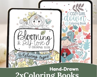2 Relaxing Hand Drawn Procreate Coloring Book Bundle for Stress Relief, and Calming| iPad Coloring sheets Self-Care gift M008