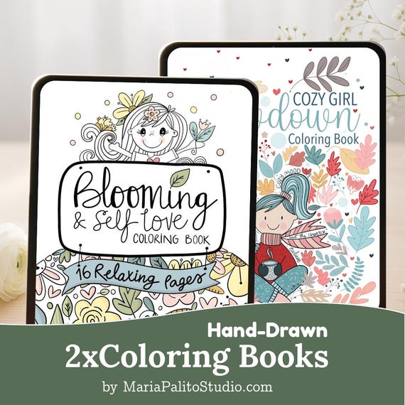 2 Relaxing Hand Drawn Procreate Coloring Book Bundle for Stress Relief, and Calming| iPad Coloring sheets Self-Care gift M008