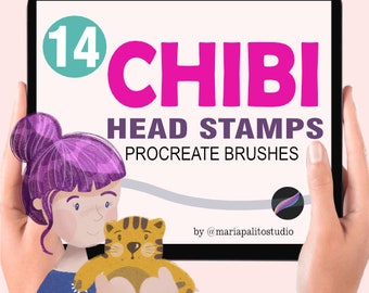 14 CHIBI Head Procreate stamp Brushes Cute Children Drawing Cartoon Templates Reference Portrait Poses M017