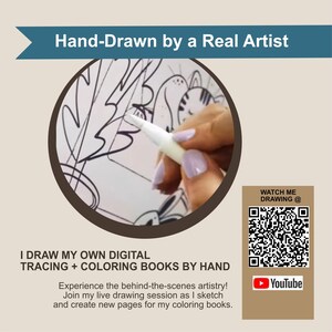 May include: A hand draws a black and white illustration of a cartoon animal with a white marker on a white surface. The text "I DRAW MY OWN DIGITAL TRACING + COLORING BOOKS BY HAND" is below the image. The text "Experience the behind-the-scenes artistry! Join my live drawing session as I sketch and create new pages for my coloring books." is below the text. A QR code and the YouTube logo are in the bottom right corner of the image.
