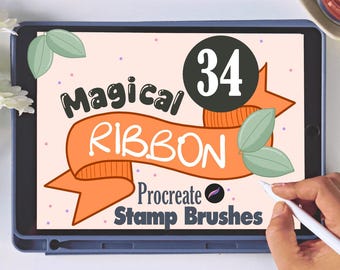 May include: A digital illustration on a tablet screen. The image features the words "Magical Ribbon" in a banner, with the number "34" in a black circle. The text "Procreate Stamp Brushes" is also visible. Green leaves and purple dots decorate the background.