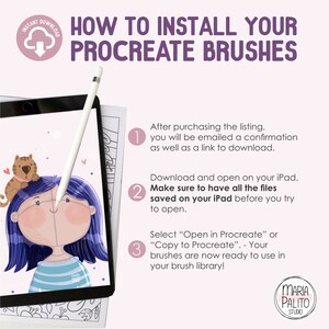May include: A digital illustration of a girl with blue hair and a cat on her head. The image is on a tablet screen with a stylus next to it. The text on the screen reads "How to Install Your Procreate Brushes". There are three numbered steps for installing brushes on an iPad.