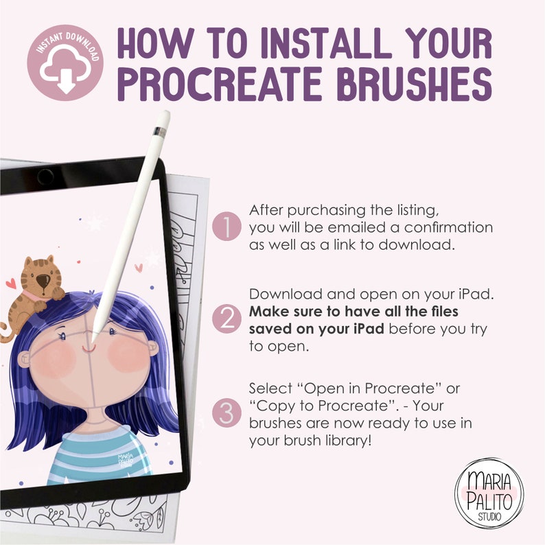 May include: A digital illustration of a girl with blue hair and a cat on her head. The image is on a tablet screen with a stylus next to it. The text on the screen reads "How to Install Your Procreate Brushes". There are three numbered steps for installing brushes on an iPad.
