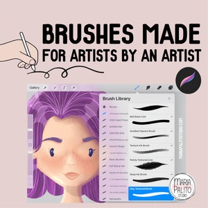 May include: A screenshot of a digital art app showing a library of brushes. The brushes are organized into categories, such as "Basic Brushes", "Fall Stamp Set", and "Inky Textured Brush". The app is called "Mariapalito Studio".