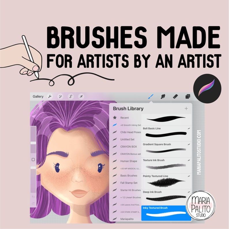 May include: A screenshot of a digital art app showing a library of brushes. The brushes are organized into categories, such as "Basic Brushes", "Fall Stamp Set", and "Inky Textured Brush". The app is called "Mariapalito Studio".