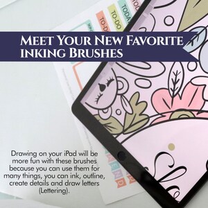 May include: An iPad displaying a digital illustration with pink, green, and yellow floral elements. The text "MEET YOUR NEW FAVORITE INKING BRUSHES" is displayed above the iPad. Additional text below states the brushes are for inking, outlining, and lettering.