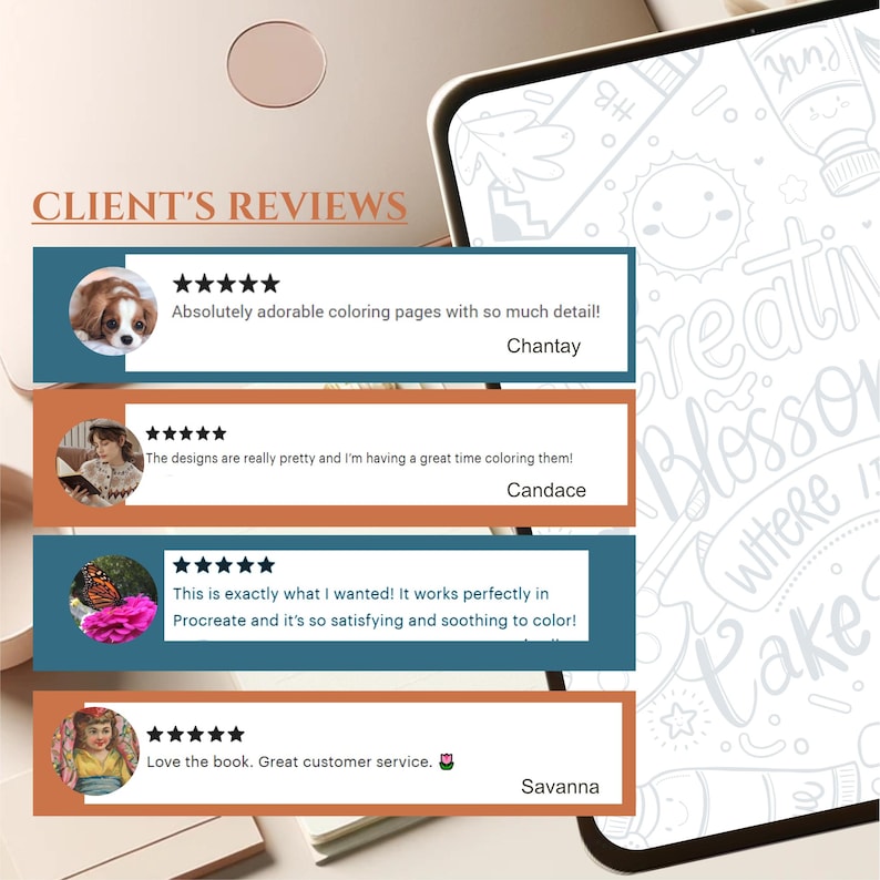 May include: Four customer reviews for a digital coloring book. The reviews are positive and include comments about the quality of the designs and the ease of use in the Procreate app. The reviews are displayed on a tablet screen with a digital coloring page in the background.