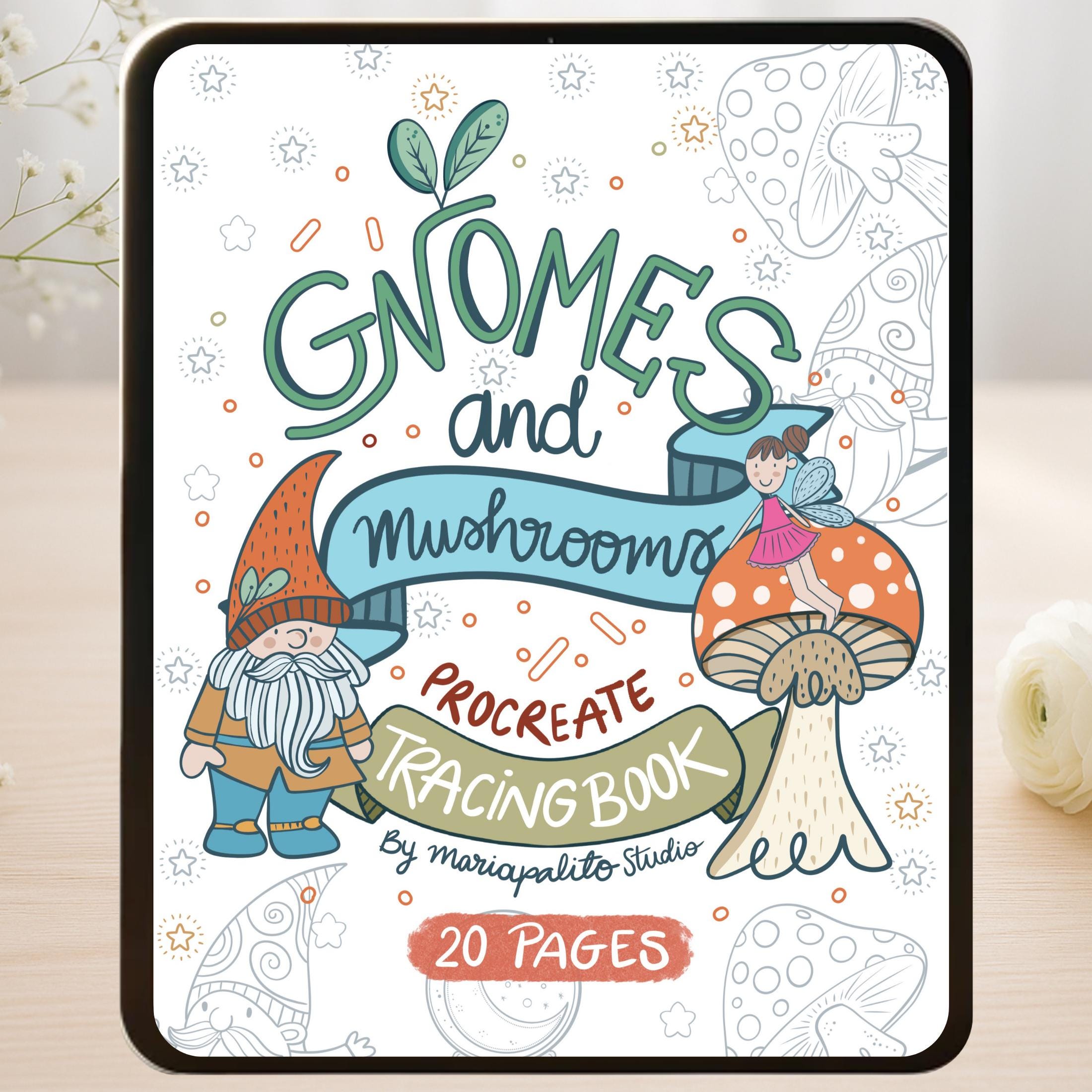 Procreate Tracing Workbook: Gnomes & Mushrooms – 20 Pages + 8 Brushes & Color Palettes