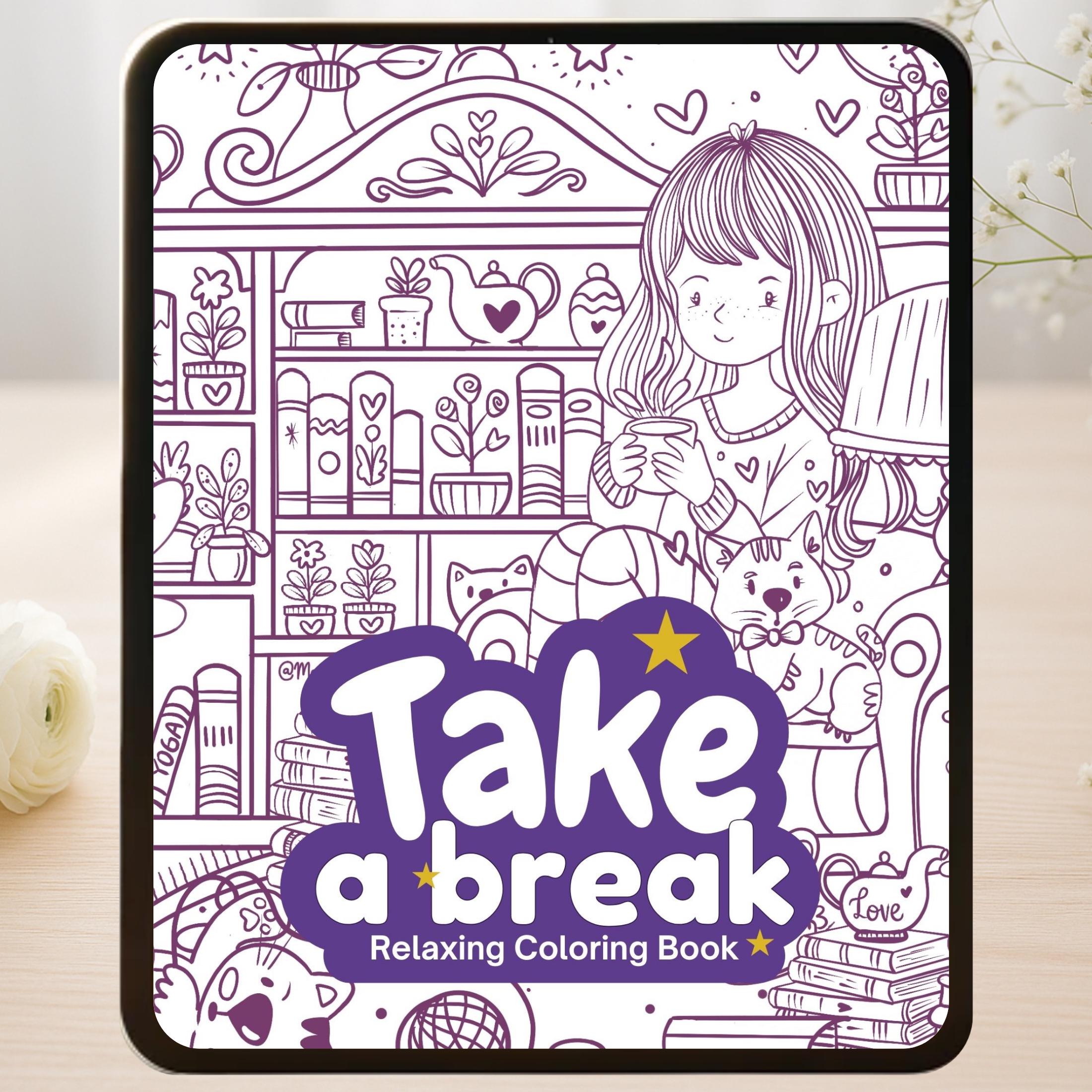 Libro para colorear de Procreate «Take a Break» – 16 páginas chibi kawaii dibujadas a mano para mindfulness y alivio del estrés (iPad PNG + PDF)