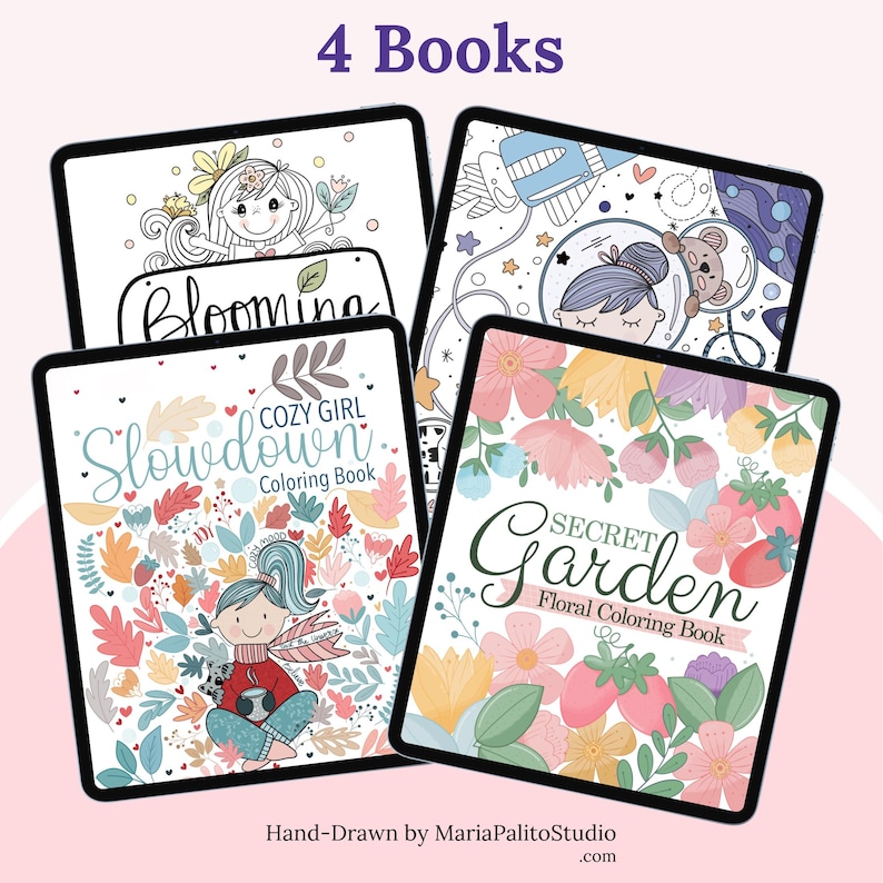 4 Procreate Coloring Book Bundle, 4 Handdrawn Digital Coloring Books