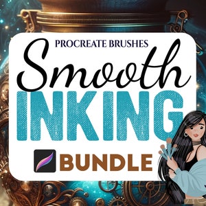 以下が含まれることがあります： Procreateブラシのデジタルアートバンドル。画像には、スタイリッシュなフォントで「Smooth Inking Bundle」というテキストが表示され、ターコイズ色の背景があります。黒髪と青いトップスを着た漫画の女性がブラシを持っています。背景にはスチームパンクとファンタジーのテーマがあります。