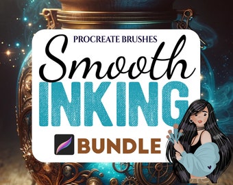 May include: A digital art bundle for Procreate brushes. The image features the text "Smooth Inking Bundle" in a stylized font, with a teal background. A cartoon woman with black hair and a blue top is holding brushes. The background has a steampunk and fantasy theme.