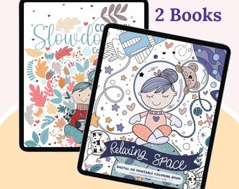 Lot de 2 livres à colorier dessinés à la main pour procréer un espace de détente + fille cosy anxieuse pages à colorier numériques pour débutants M013