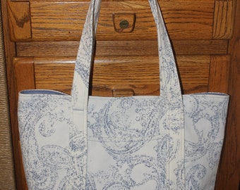 Large Tote Bag, Paisley Tote Bag, Blue on Cream Tote Bag, Interior Decor Fabric Tote Bag, Fabric Tote Bag, Project Bag