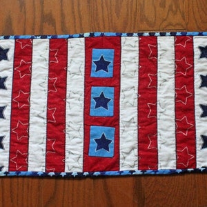 Patriotic Fourth of July Table Runner Quilted Handmade Red White and Blue Silver Metallic Cotton Duck Fabric image 1