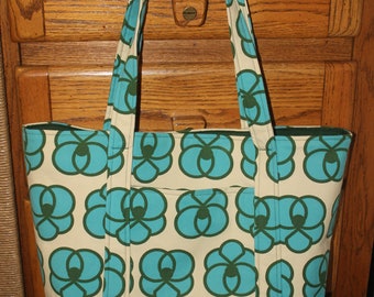 Large Tote Bag, Fabric Tote Bag, Abstract Flower Tote Bag, Home Decor Bag, Lined Tote Bag, Blue, Green, Cream Tote Bag