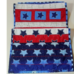 Patriotic Fourth of July Table Runner Quilted Handmade Red White and Blue Silver Metallic Cotton Duck Fabric image 5