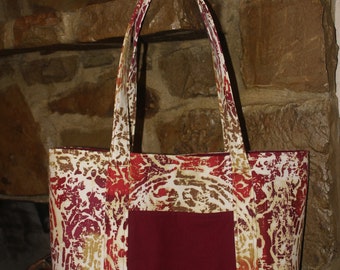 Large Tote Bag, Fabric Tote Bag, Batik Tote Bag, Burgundy, Orange , Gold Tote Bage, Home Decor Fabric Tote Bag, Project Bag, Travel Bag