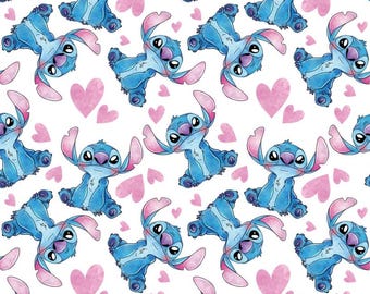 May include: A seamless pattern featuring a blue cartoon character with large eyes and pink ears, surrounded by pink hearts. The character is repeated throughout the pattern, creating a playful and whimsical design.