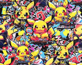 Street Graffiti Pikachu Faux Leather Sheets,11.8”X7.8"/19"X51",Leather Crafts
