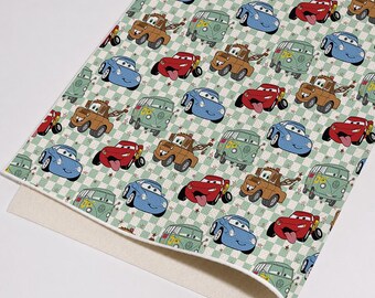 Cartoon Racing Character Faux Leather Sheet, Movie Cars Print PU Vinyl for Handmade Earrings, Bows & Craft Supply