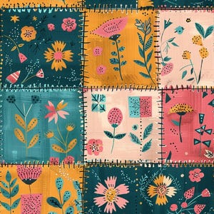 Può includere: Un motivo in tessuto con una griglia di riquadri quadrati, ognuno dei quali mostra distinte illustrazioni floreali e botaniche in tonalità verde acqua, giallo senape, rosa tenue e corallo, con linee nere cucite che bordano ogni quadrato.