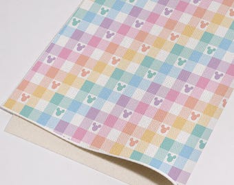 Mouse Head Checkered Printed Faux Leather, Cartoon PU Vinyl For Handmade Craft Supplies