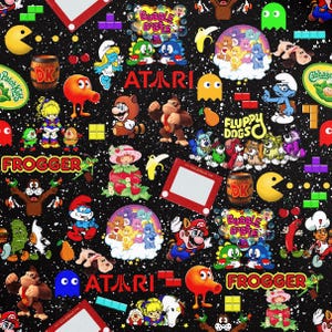 May include: Black fabric with a repeating pattern of retro video game and cartoon characters, including Pac-Man, Donkey Kong, Mario, and the Smurfs. The word "ATARI" is also visible.