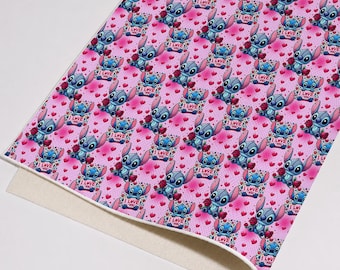 Stitch Love Theme Printed Faux Leather, Cartoon Character PU Vinyl For Handmade Craft Supplies