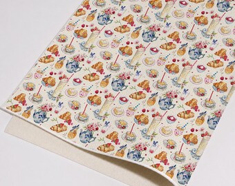 Watercolor Tea Time Dessert Printed Faux Leather Sheet, PU Synthetic Fabric for Hair Bows, Earrings, Keychains Hand-Craft Supplies