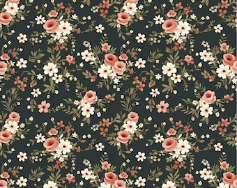 Vintage Floral Cotton Fabric Dark Green Background with Roses & Wildflowers Fabric Elegant Shabby Chic Fabric Cotton Fabric By The Half Yard