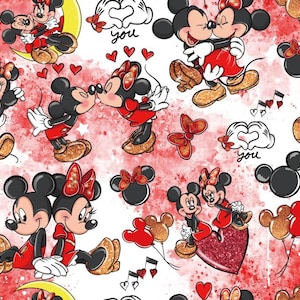 Może przedstawiać: Białe tło z czerwonym, różowym i złotym wzorem akwarelowym. Mickey Mouse i Minnie Mouse są przedstawione w różnych pozach, w tym całujących się, trzymających się za ręce i tulących. W obrazie pojawia się tekst "you".